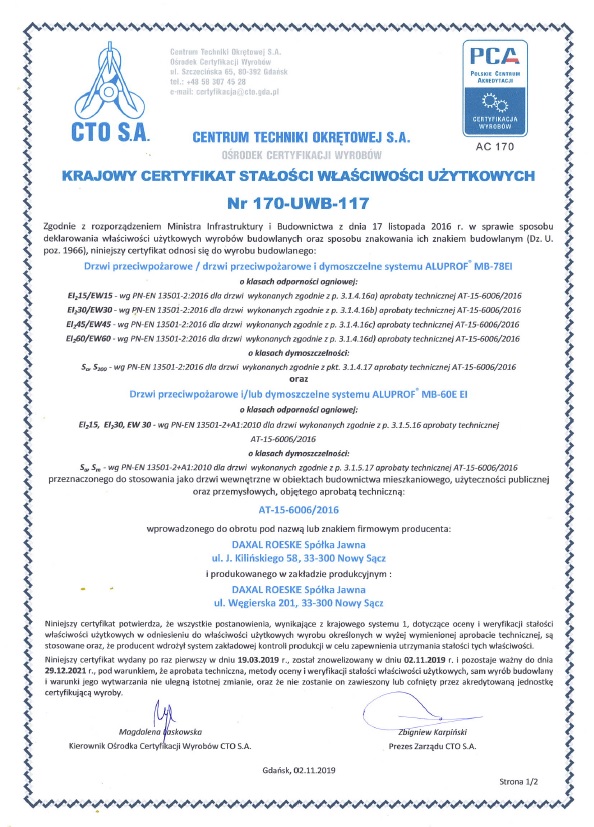 Krajowy Certyfikat Stałości Właściwości Użytkowych — 170-1